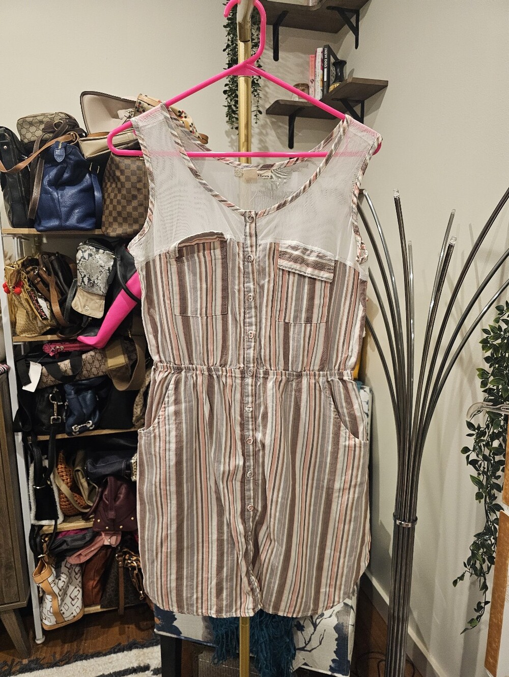 Vintage Striped Button-Front Sleeveless Dress — Cream & Brown Stripes